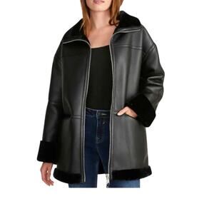 Rebecca Minkoff fur faux leather long jacket black